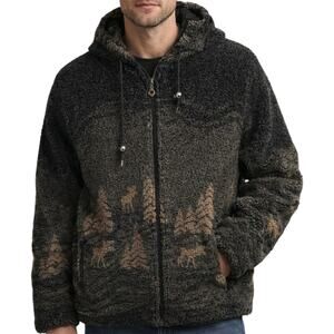 ALPS Teddy Jacket High Pile Fleece Hood Full Zip Moose Trees Print Green Large